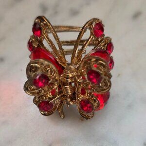 Vintage Gold Tone Butterfly Hair Claw Clip Red Rhinestones Filigree Barrette Y2K